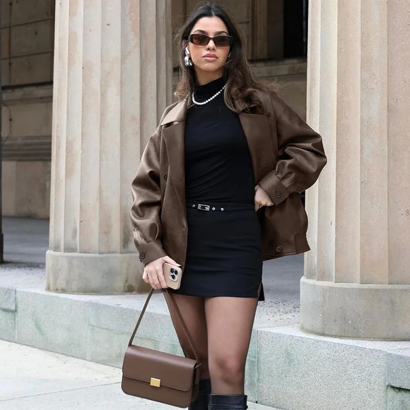 KIDCRKJ Retro Women Spring Faux Leather Coat Minimalist Lapel Collar New Female Pilot Outwear Highstreet Lady Motorcycle Jacket - Image 3