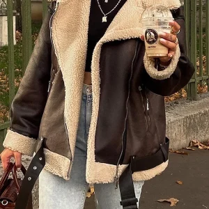 Women Faux Lamb Fur Leather Short Jacket Lapel Zipper Bomber Outwear Faux Suede Lapel Coat Warm Biker Motor Aviator Coat