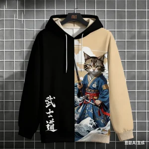 Bushido Sports Men's Hoodies Funny 3D Samurai Cat Pattern Sweatshirts Autumn and Winter Casual Loose Pullover Street y2k Clothes