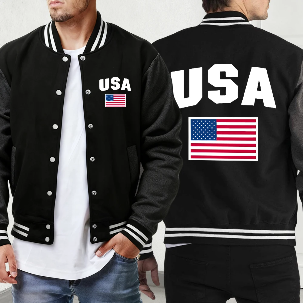 USA Flag Printing Mens Casual Loose American Jacket Retro Oversized Baseball Jersey Sports Button Menswear Street Autumn Veste
