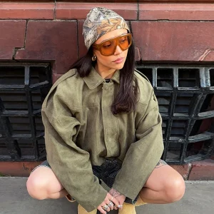 Green Suede Jacket Coat Suede Texture Lapel Vintage Cargo Top Pilot Jackets Loose Casual Street Trendy Outwear Baseball Uniform