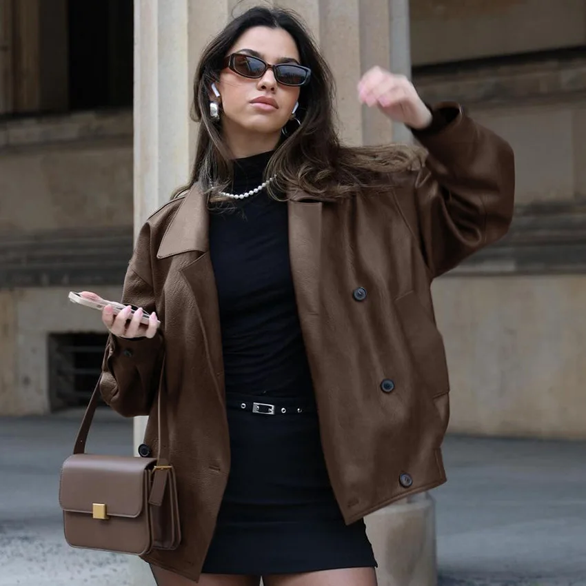 KIDCRKJ Retro Women Spring Faux Leather Coat Minimalist Lapel Collar New Female Pilot Outwear Highstreet Lady Motorcycle Jacket