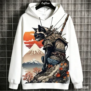 Japanese Samurai Cat Print Men's Hoodies Autumn and Winter Comfortable Loose Pullover Fashion Casual Sweatshirts Street Clothes