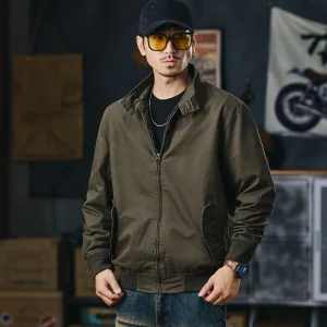 Retro American Style Men's Workwear Jacket with Fleece Casual Stand Collar Spring Autumn Fashion Brand Pilot Coat for Men