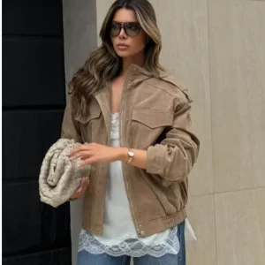 Manlyelegance Women's Suede Bomber Jacket - Stand Collar Loose Fit Pilot Outwear with Pockets