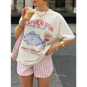 Summer American Street Ins Personalized Seafood Graphic T-shirts Fashion Y2K Aesthetic Street Clothing Short-sleeved Loose Tops