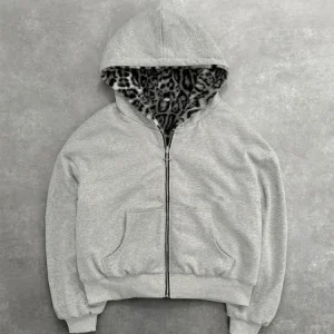 Autumn/Winter Leopard Grey Double sided Zipper Hoodie Men's Casual High Street Warmth Hoodie men's autumn clothing 2025 new