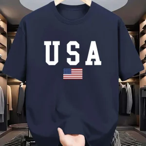 Men's summer 100% cotton fashionable casual loose fit USA American National Flag Graphic round neck short sleeved T-shirt top