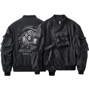 Mens Spring Fall American Street Workwear Jackets 2024 New Zipper Pocket Solid Color Skull Death Embroidery Fashion Trend Jacket